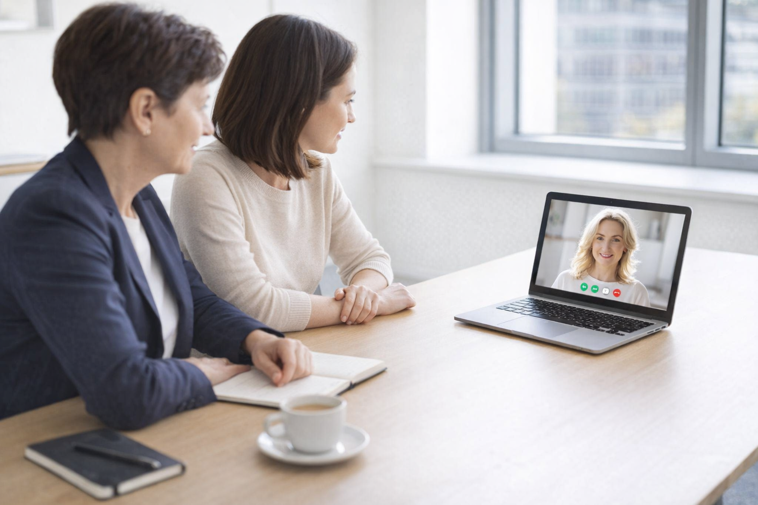 2 Frauen schauen auf einen Bildschirm, Meeting