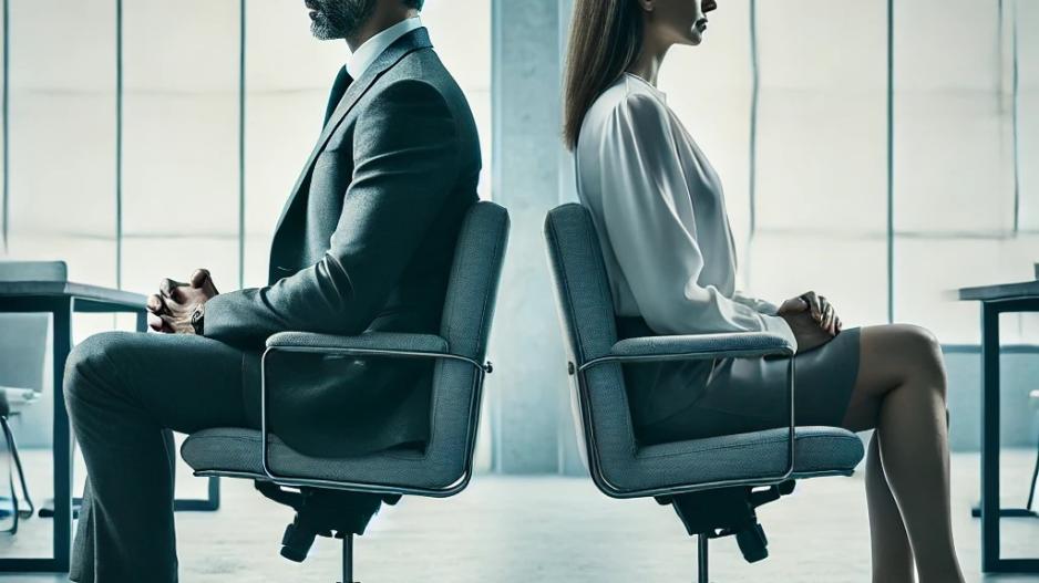 business man and woman are sitting back to back