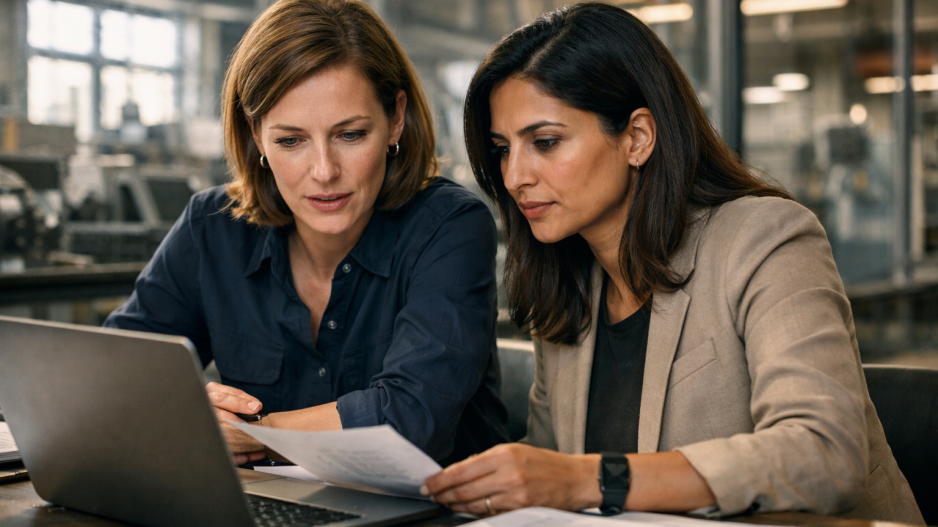 2 Frauen sitzen im industriellen Umfeld vor einem Laptop