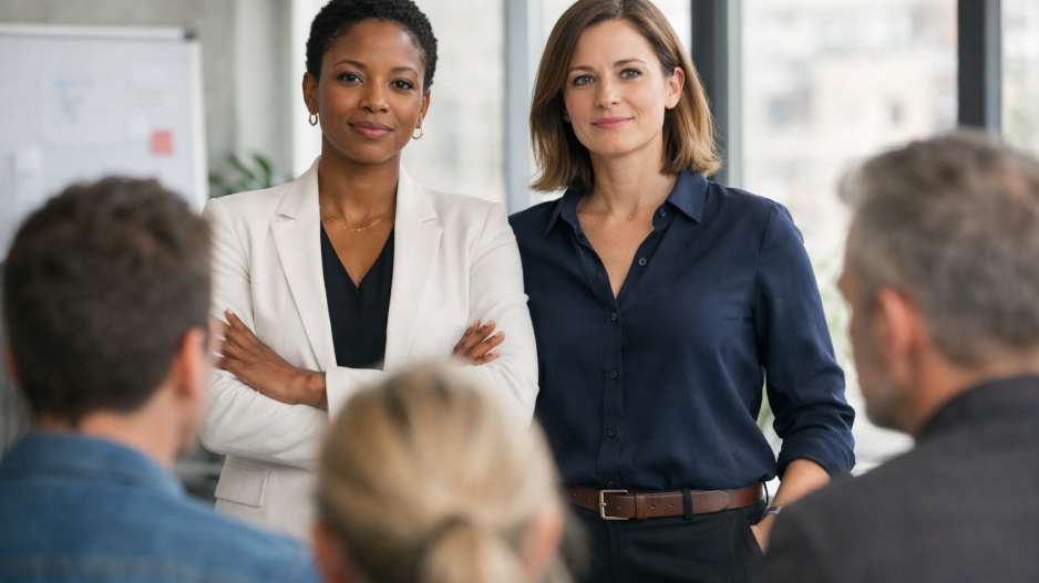 2 Frauen vor einer Gruppe Menschen, die von hinten zu sehen ist