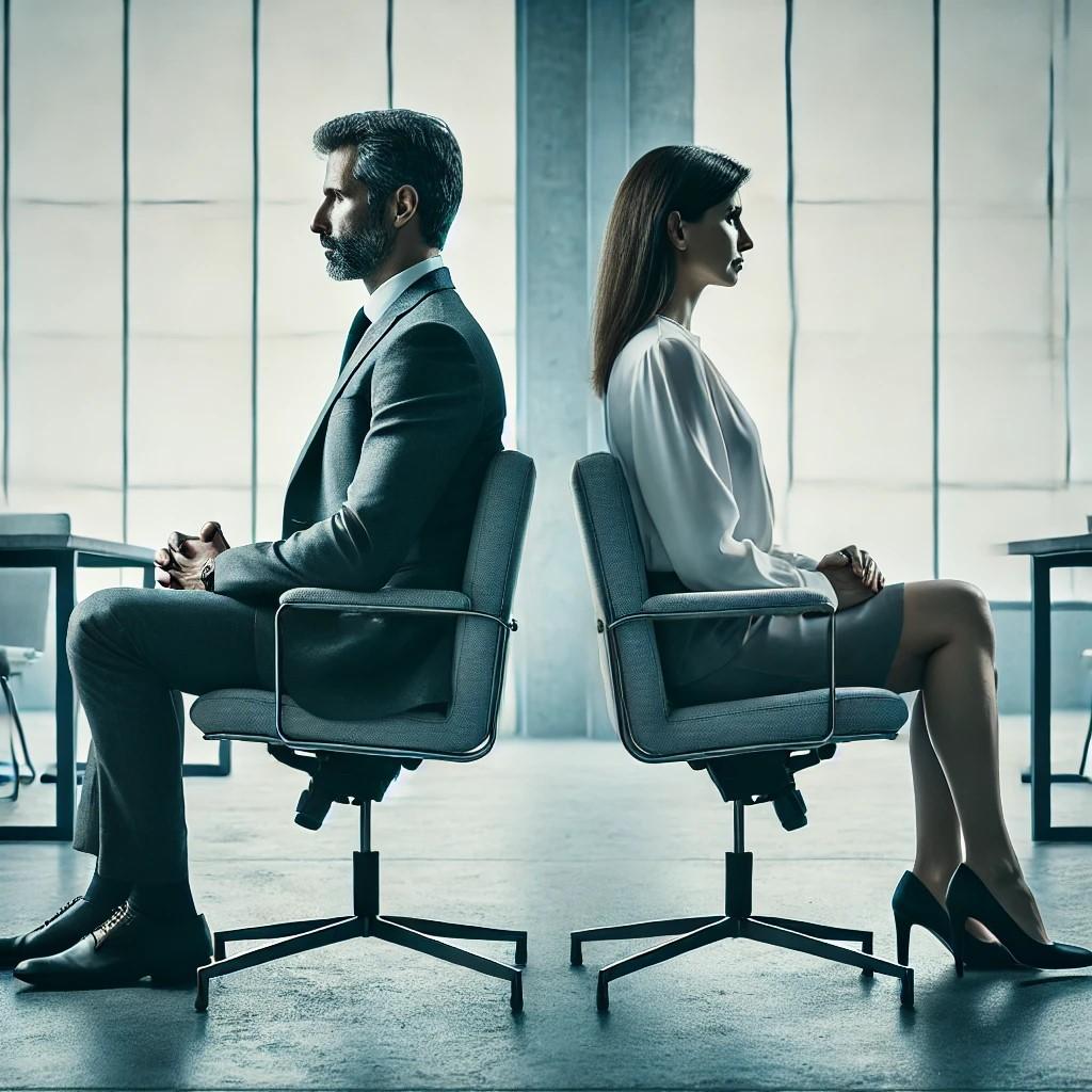 business man and woman are sitting back to back