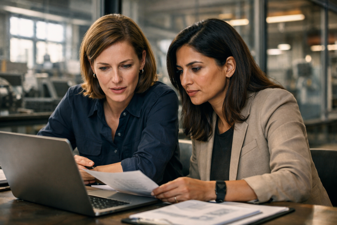 2 Frauen sitzen im industriellen Umfeld vor einem Laptop
