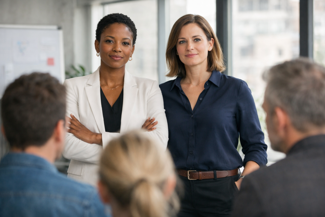 2 Frauen vor einer Gruppe Menschen, die von hinten zu sehen ist